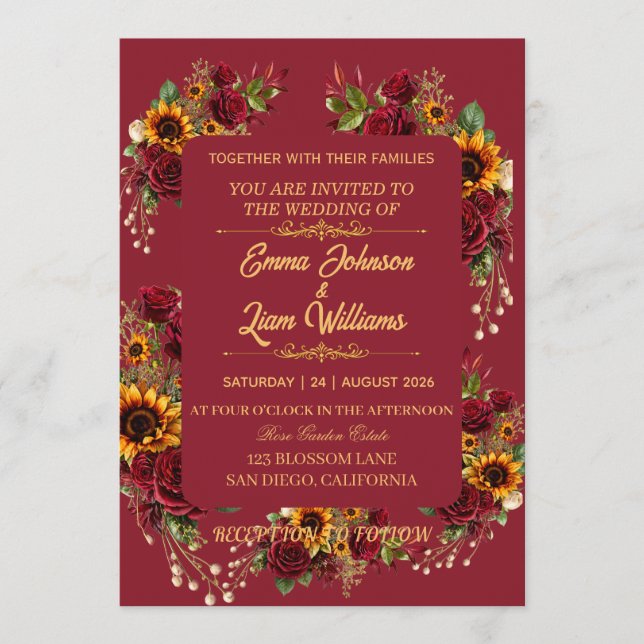 Invitación de Boda Floral Borgoña (Anverso)