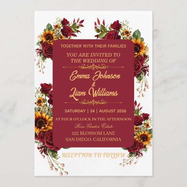Invitación de Boda Floral Borgoña (Anverso)