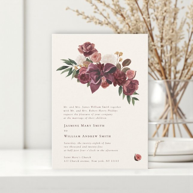 Invitación de boda floral borgoña botánica (Subido por el creador)