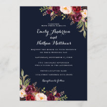 Invitación de boda floral borgoña de Navy para oto