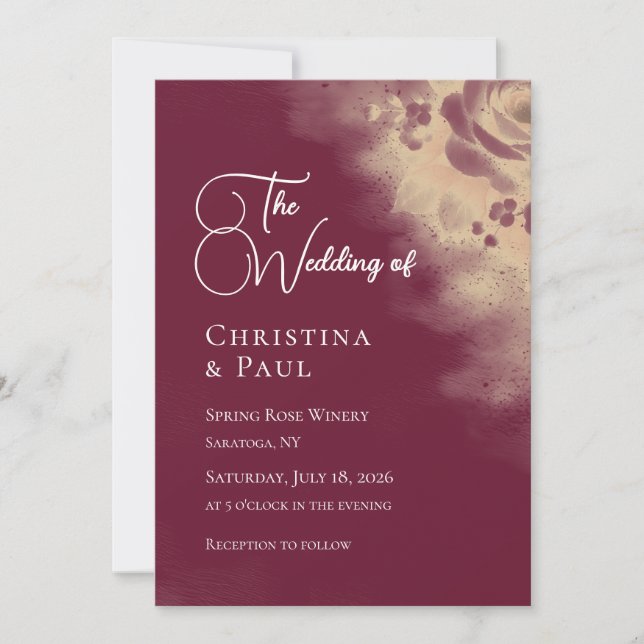 Invitación de boda floral borgoña elegante (Anverso)