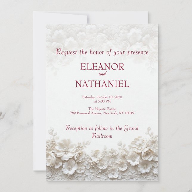 Invitación de boda floral borgoña en 3D White (Anverso)