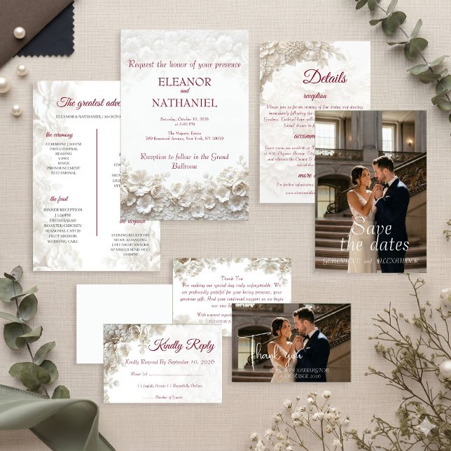 Invitación de boda floral borgoña en 3D White (Subido por el creador)