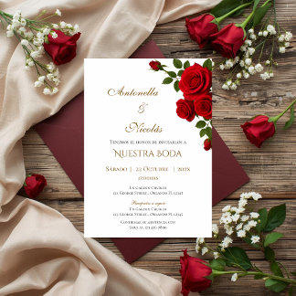 Invitación de boda floral borgoña española