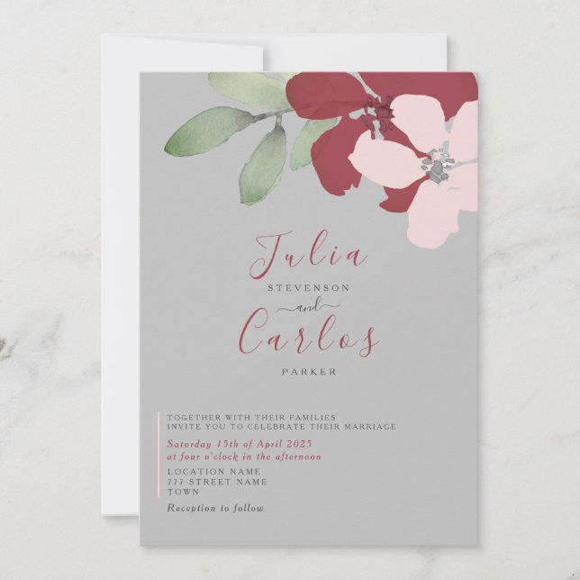 Invitación de boda floral borgoña minimalista (Anverso)