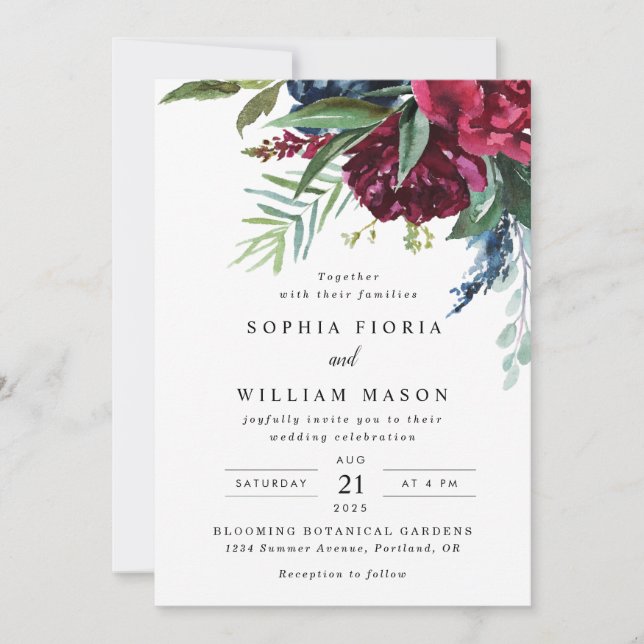 Invitación de boda floral borgoña naval (Anverso)
