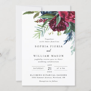 Invitación de boda floral borgoña naval
