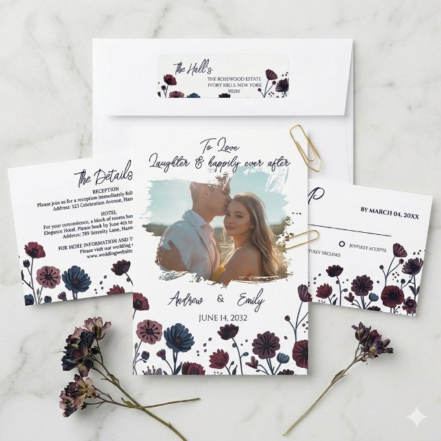 Invitación de boda floral borgoña y azul temperame (Subido por el creador)