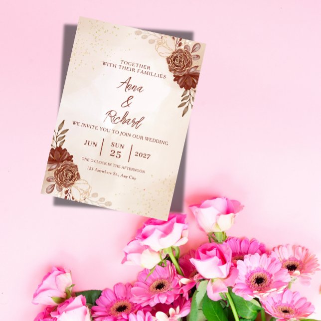 Invitación de boda floral borgoña y dorada (Subido por el creador)