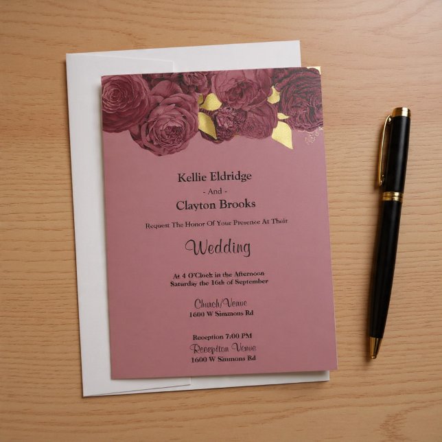 Invitación de Boda Floral Borgoña y Dorado (Subido por el creador)