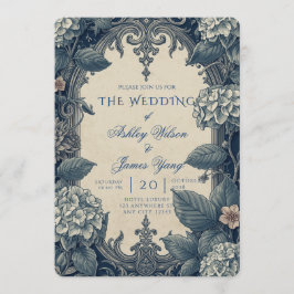 Invitación de boda floral botánica azul elegante