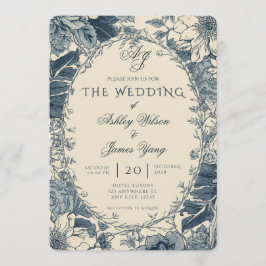 Invitación de boda floral botánica azul elegante
