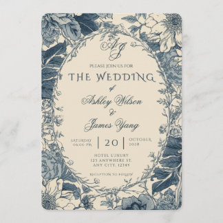Invitación de boda floral botánica azul elegante