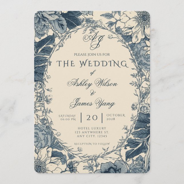 Invitación de boda floral botánica azul elegante (Anverso)