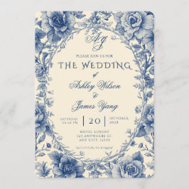 Invitación de boda floral botánica azul elegante