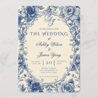 Invitación de boda floral botánica azul elegante