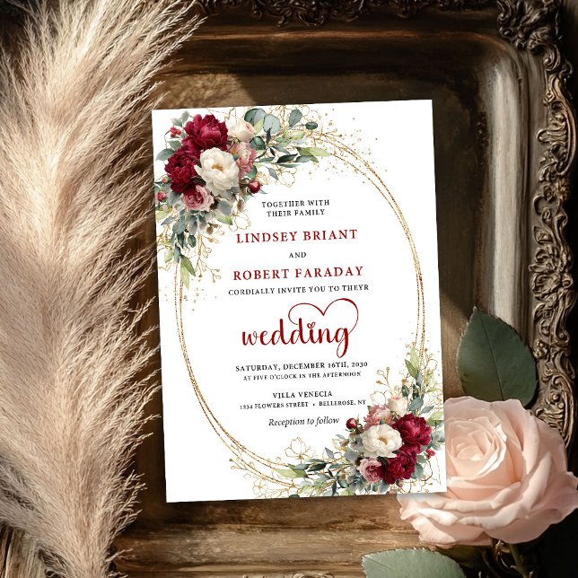 Invitación de boda floral botánica boho de Borgoña (Burgundy Boho Botanical Floral Wedding Invite)
