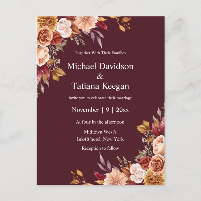 Invitación de boda floral botánica de otoño temper (Anverso)