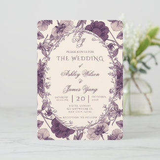 Invitación de boda floral botánica elegante púrpur