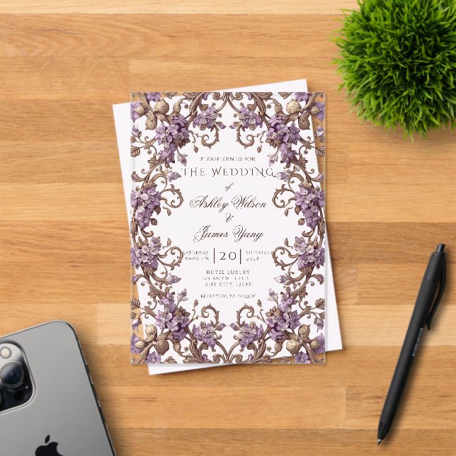 Invitación de boda floral botánica morada elegante (Insitu (Tarjeta de Invitación))