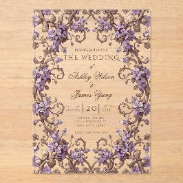 Invitación de boda floral botánica morada elegante