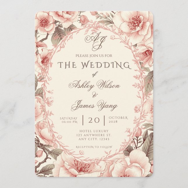 Invitación de boda floral botánica rosa elegante (Anverso)