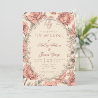 Invitación de boda floral botánica rosa elegante
