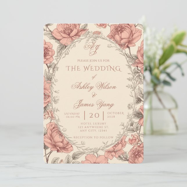 Invitación de boda floral botánica rosa elegante (Anverso de pie)
