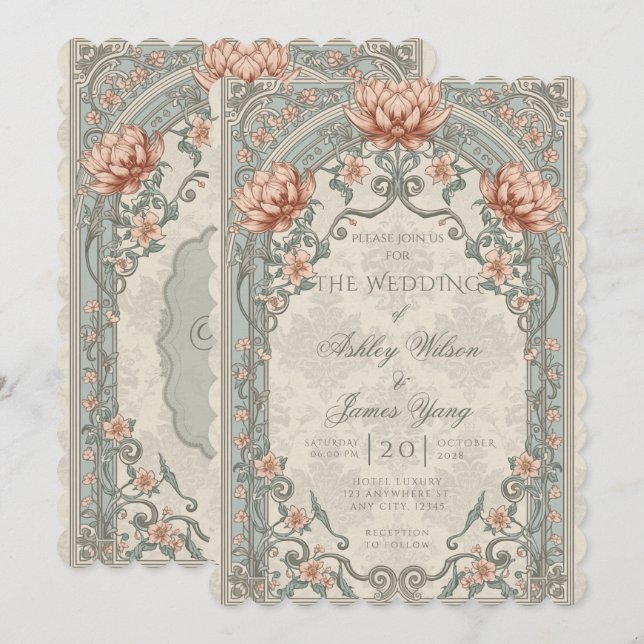 Invitación de boda floral botánica rosa plateada (Anverso / Reverso)