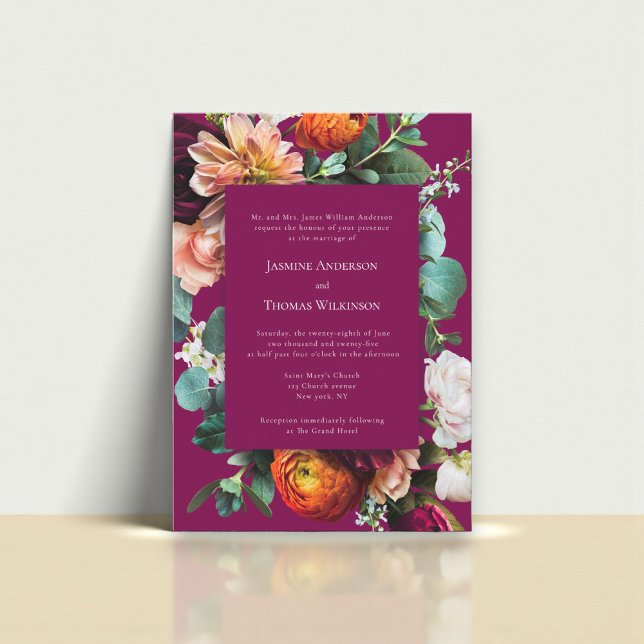 Invitación de boda floral botánica rosa profundo (Subido por el creador)