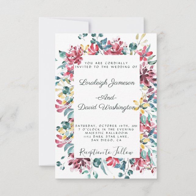 Invitación de boda floral brillante (Anverso)