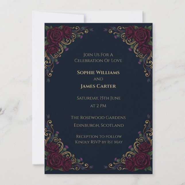 Invitación de boda floral burdeos oscura (Anverso)