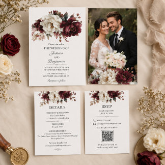 Invitación de boda floral burdeos y marfil