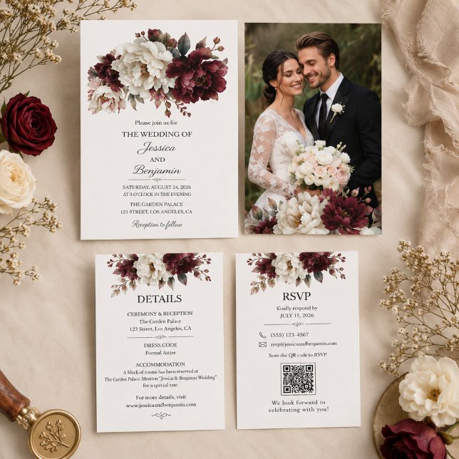 Invitación de boda floral burdeos y marfil (Subido por el creador)