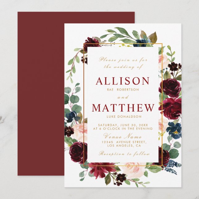 invitación de boda floral burgundy (Anverso / Reverso)