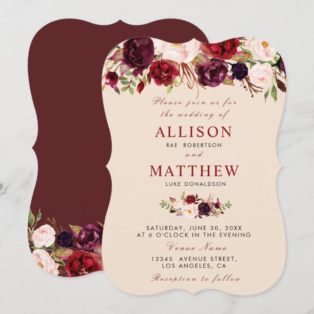 invitación de boda floral burgundy (Anverso / Reverso)