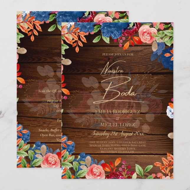 INVITACIÓN DE BODA Floral Burgundy Azul NUESTRA BO (Anverso / Reverso)