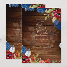 INVITACIÓN DE BODA Floral Burgundy Azul NUESTRA BO