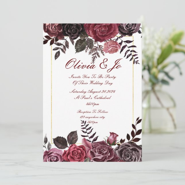 INVITACIÓN DE BODA FLORAL BURGUNDY FALL (Anverso de pie)