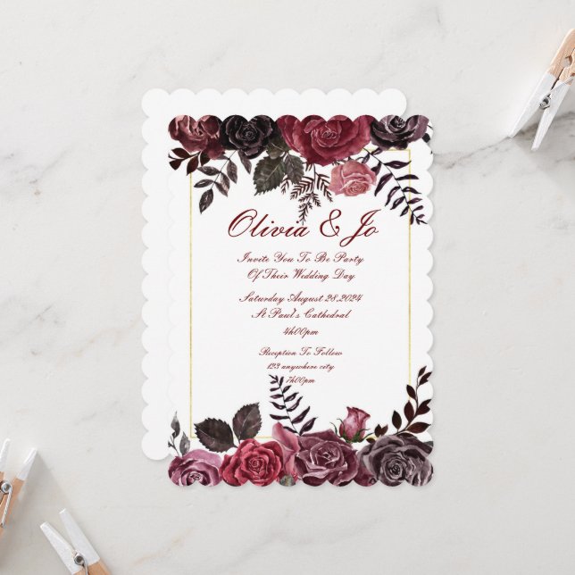 INVITACIÓN DE BODA FLORAL BURGUNDY FALL (Anverso/Reverso In Situ)