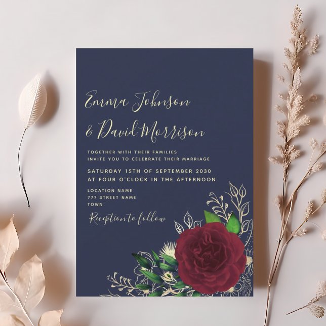 Invitación de boda floral burgundy marina (Subido por el creador)