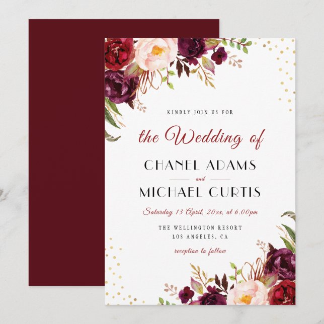 invitación de boda floral burgundy marsala (Anverso / Reverso)