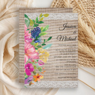Invitación de Boda Floral Burlap Rústica Rosa Azul