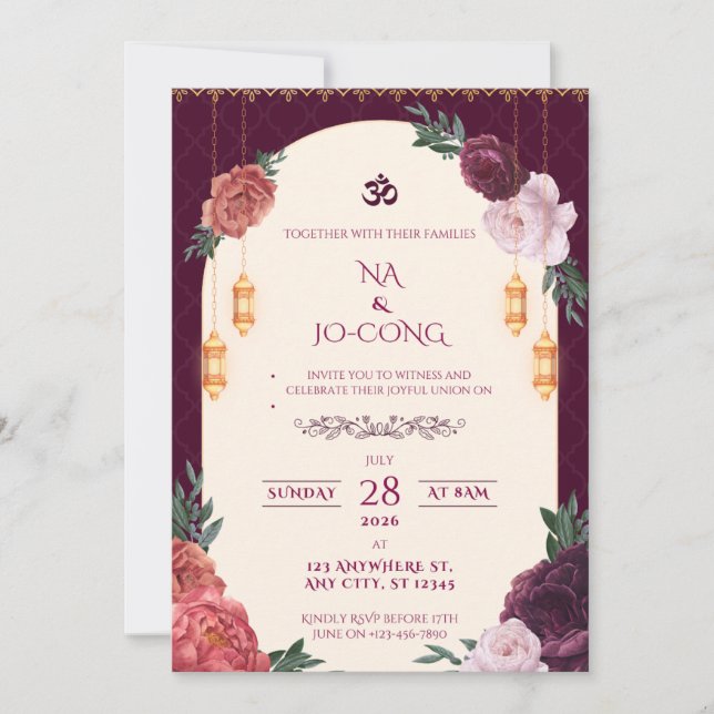 Invitación de boda floral carmesí TigerNa (Anverso)