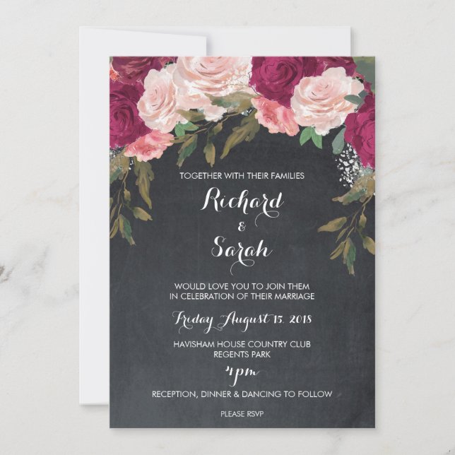 Invitación de boda floral cartón burgundy (Anverso)