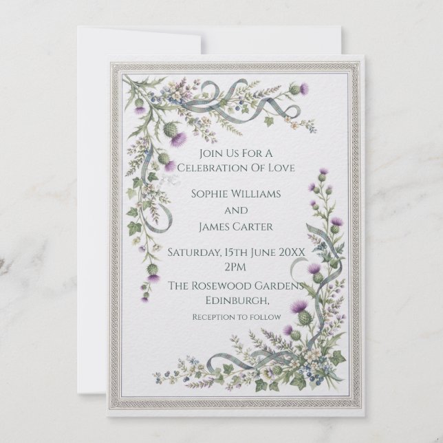 Invitación de boda floral celta plateada (Anverso)
