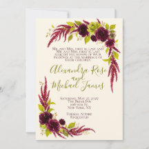 Invitación de Boda Floral Chartreuse y Borgoña
