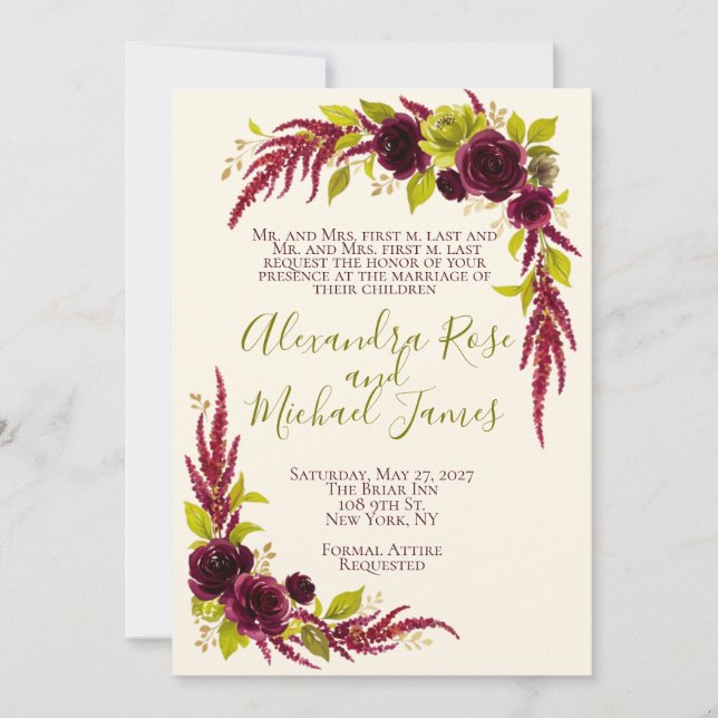 Invitación de Boda Floral Chartreuse y Borgoña (Anverso)