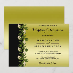 Invitación de boda floral chic, romántica dorada y