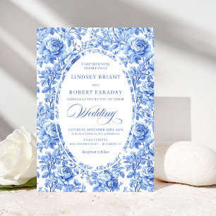 Invitación de boda floral Chic Royal Blue Toile
